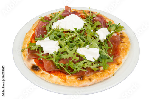 Pizza with arugula, bacon, tenderloin, tomato and mayonnaise. Pizza on a white background.