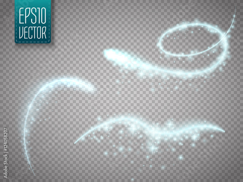 Set of magic glowing spark swirl trail effect isolated on transparent background. Bokeh glitter wave line with flying sparkling flash lights. Vector