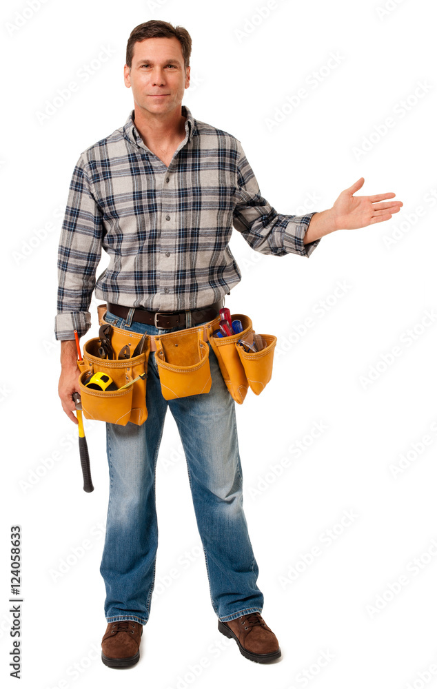 Full-length construction worker building contractor carpenter explaining showing describing presenting gesturing isolated on white background Full-length construction worker building contractor carpenter explaining showing describing presenting gesturing isolated on white background