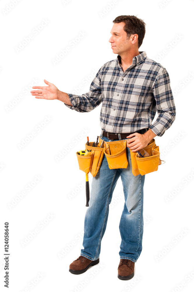 Full-length construction worker contractor carpenter gesturing explaing showing isolated on white background for use alone or as a design element Full-length construction worker contractor carpenter gesturing explaing showing isolated on white background for use alone or as a design element