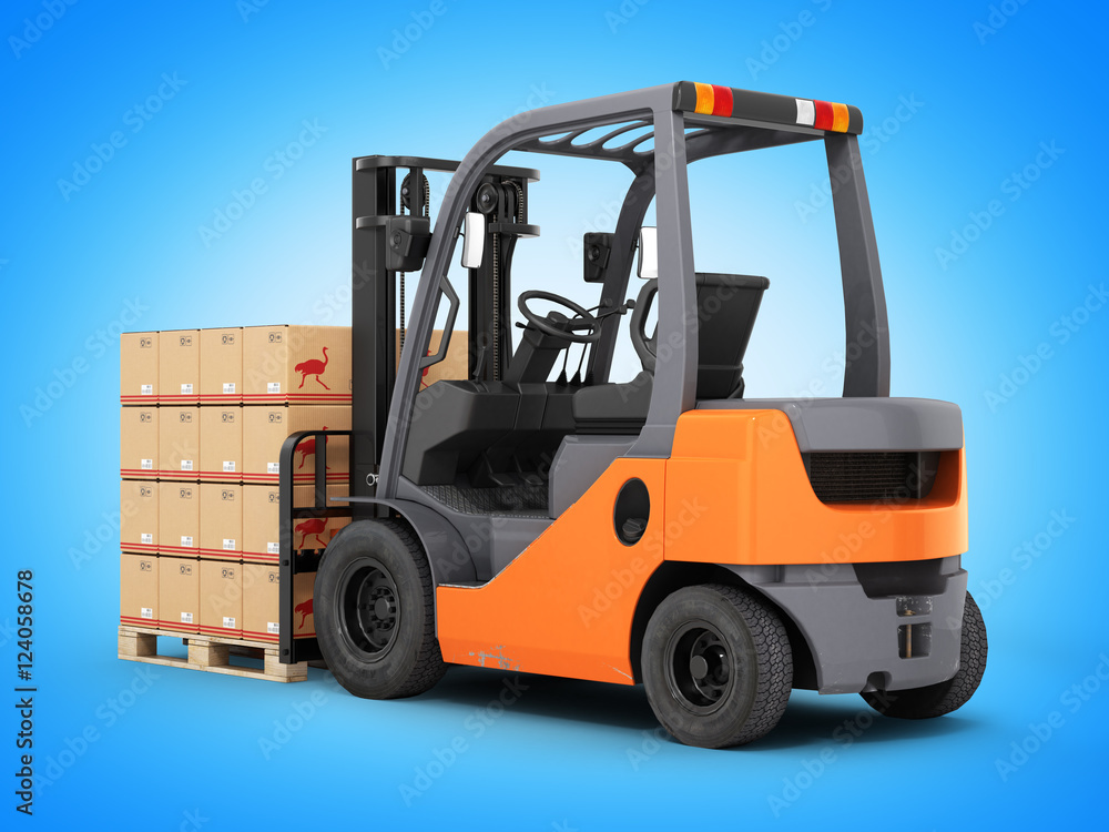 Forklift truck with boxes on pallet isolated on blue gradient ba