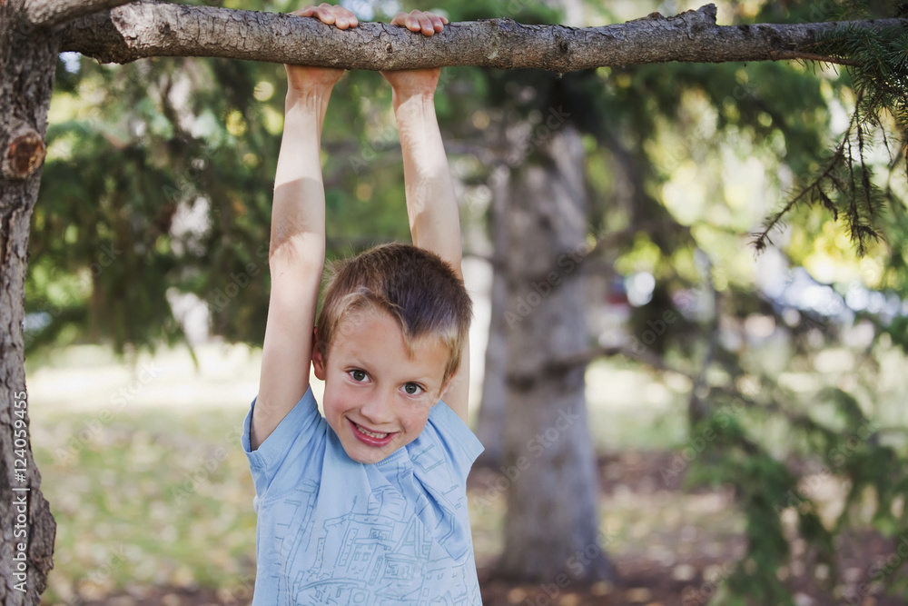 Young Boy Hanging From A Tree Limb In A Park In Autumn; Edmonton, Alberta, Canada Young Boy Hanging From A Tree Limb In A Park In Autumn; Edmonton, Alberta, Canada