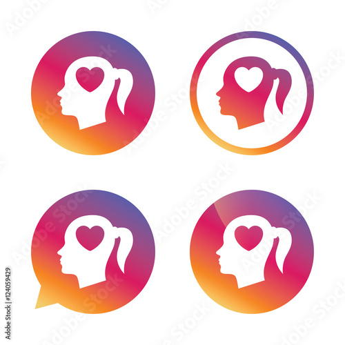 Head with heart sign icon. Female woman head.