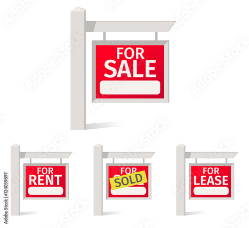 Real Estate Signs, red plate with a field for notes on the pole.