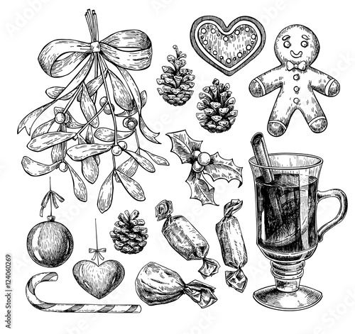 Christmas object set. Hand drawn vector illustration. Xmas icons