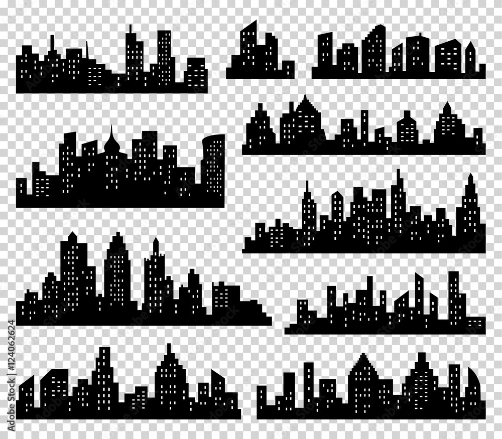 City silhouette vector set. Panorama  background. Skyline urban border collection. Buildings with windows