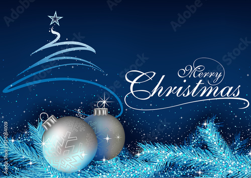 Blue Christmas Greeting with Baubles, Abstract Christmas Tree and Sparkling Needles - Background Illustration, Vector