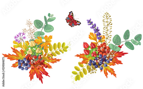 Autumn bouquets  with flowers, berries and butterfly photo
