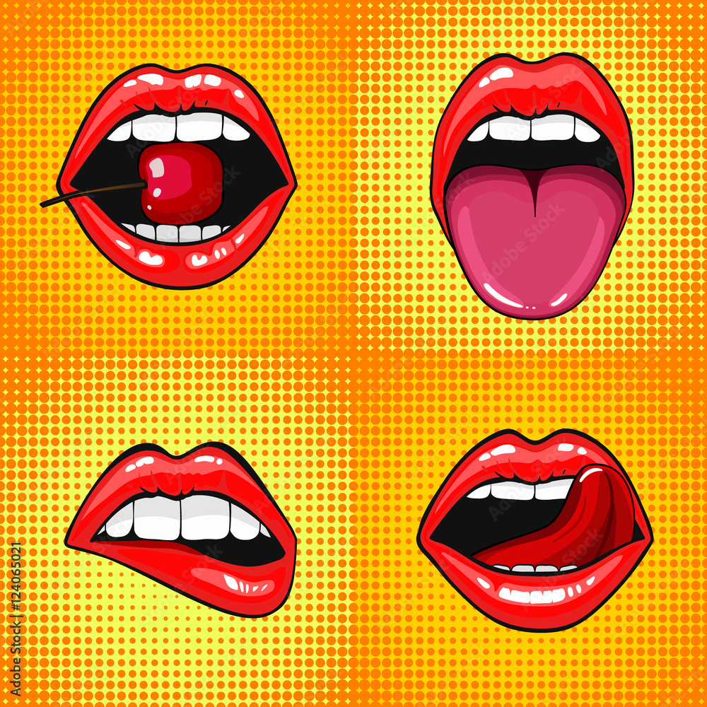 Fototapeta premium Close up view of young pretty woman lips portrait biting a cherry. Open month with white teeth and tongue. halftone dots background. Set Pop art comic style month.