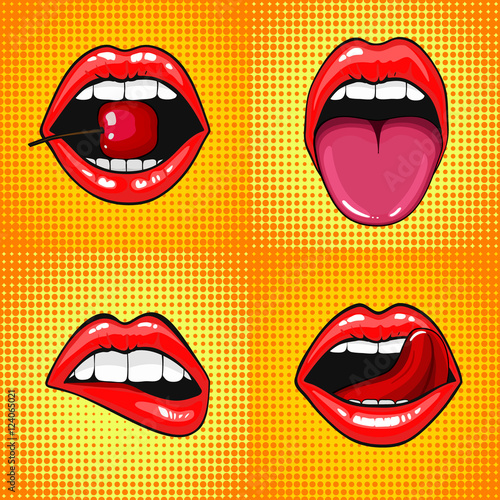 Wallpaper Mural Close up view of young pretty woman lips portrait biting a cherry. Open month with white teeth and tongue. halftone dots background. Set Pop art comic style month. Torontodigital.ca