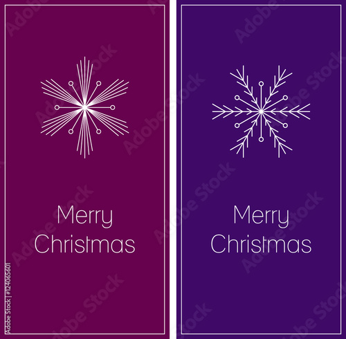 minimalistic set of two christmas greeting cards, with snowflake and text Merry Christmas on dark pink and dark violet background, size DL, vector illustration