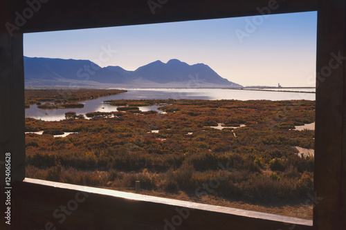 Saltflats of the cabo de gata natural park seen from the public birdwatching hide;Almeria province spain photo