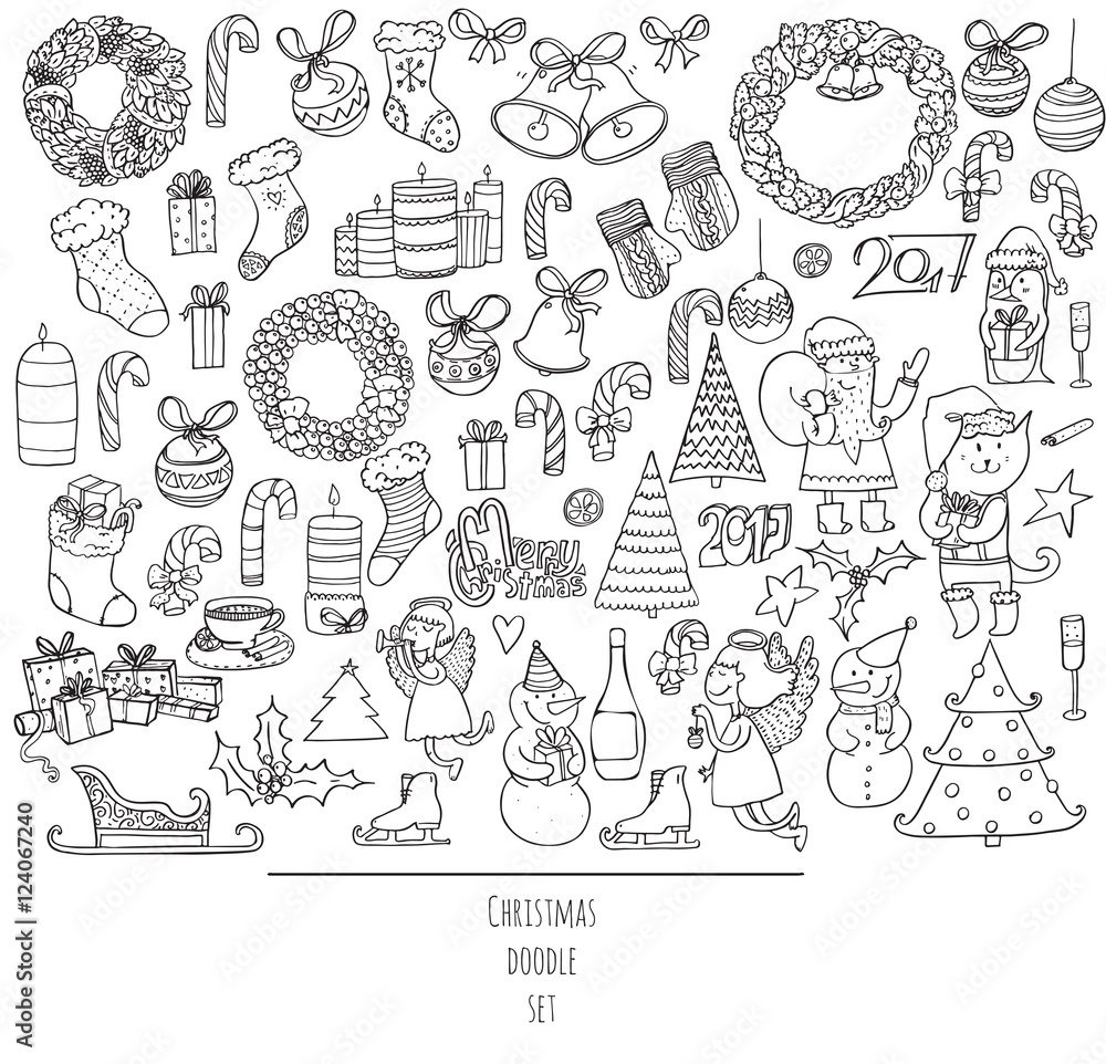 Christmas set of hand drawn doodles in simple graphic style. Vector black and white illustration with christmas accessories as christmas tree, decoration, santa and more. Black outline on white Christmas set of hand drawn doodles in simple graphic style. Vector black and white illustration with christmas accessories as christmas tree, decoration, santa and more. Black outline on white
