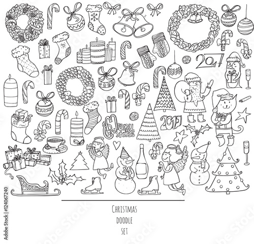 Christmas set of hand drawn doodles in simple graphic style. Vector black and white illustration with christmas accessories as christmas tree, decoration, santa and more. Black outline on white