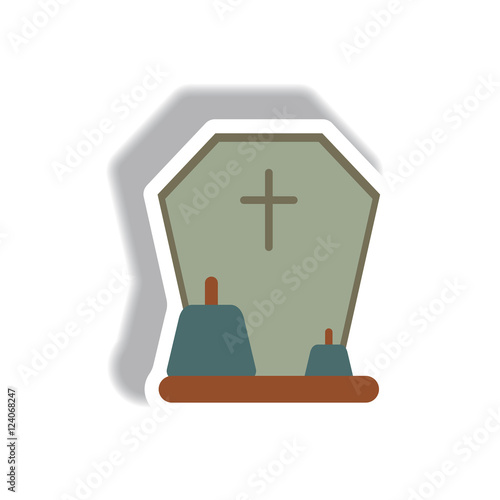 Vector illustration paper sticker Halloween icon grave monument and pumpkins