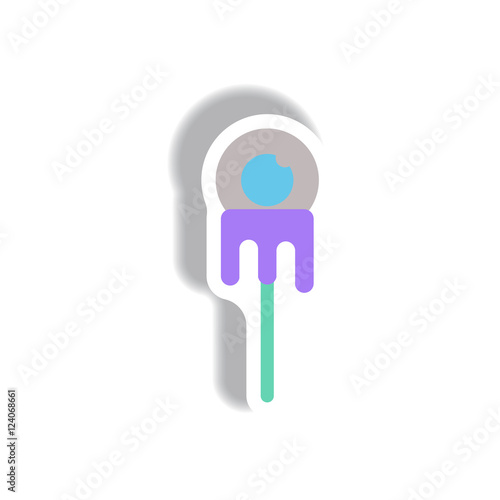 Vector illustration paper sticker Halloween icon Bloody eyeball on stick