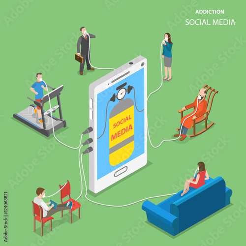 Social media addction flat vector isometric illustration.