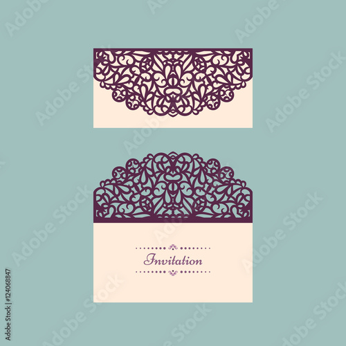 Lazercut vector wedding invitation template. Wedding invitation envelope for laser cutting. Lace gate folds.Lazer cut vector