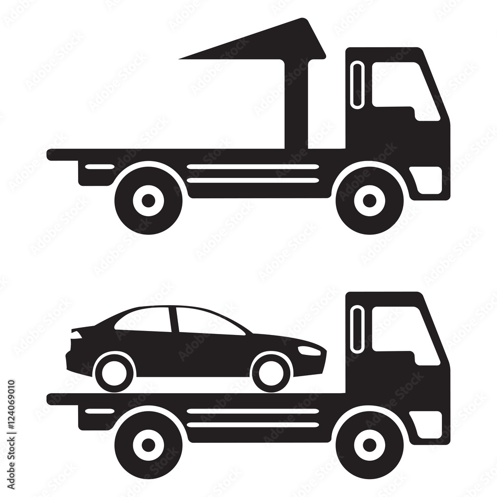 Tow truck or wrecker icon in flat design. Vehicle maintenance and repair.Vector illustration. 
