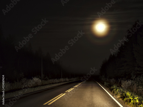 Night driving through dark forest highway in eerie moonlight.  photo