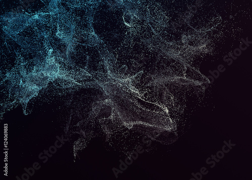 Abstract 3d rendering of chaotic particles. Flying cubes in empty space. Dynamic shape. Futuristic background. Poster design.