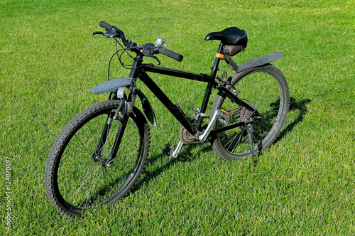 Black mountain bike standing on a green lawn