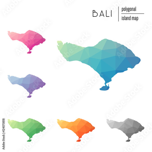 Set of vector polygonal Bali maps filled with bright gradient of low poly art. Multicolored island outline in geometric style for your infographics.