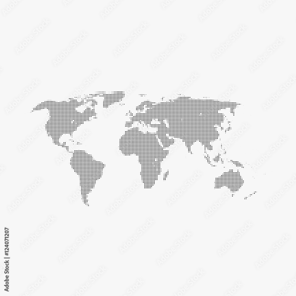 Halftone world map on gray background.