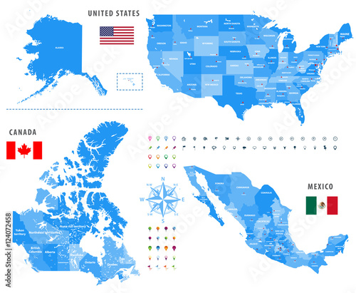 Vector maps of Canada, United States and Mexico with flags and location\navigation icons. All layers detachable and labeled.