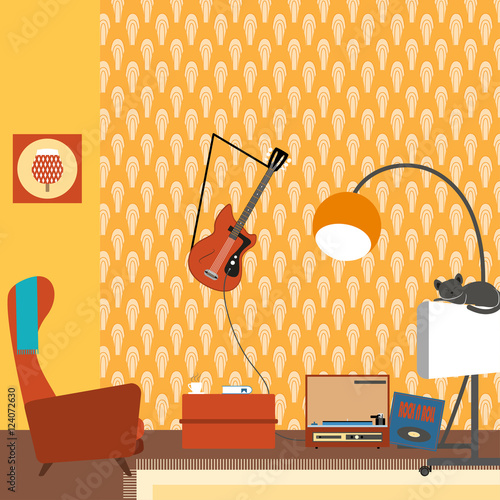 Vector illustration of a living room interior with armchair, TV, guitar in the style of 70's.