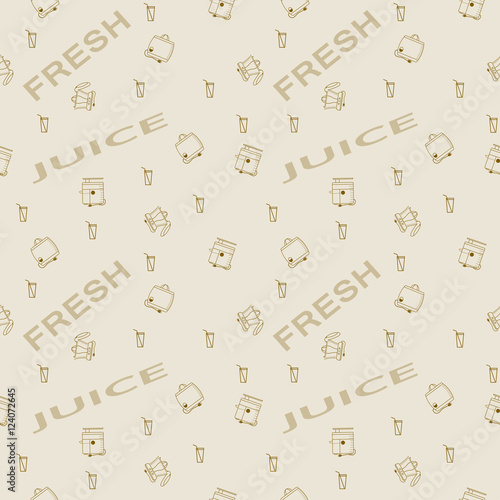 Seamless vector pattern of juicers on the light brown background with the words.