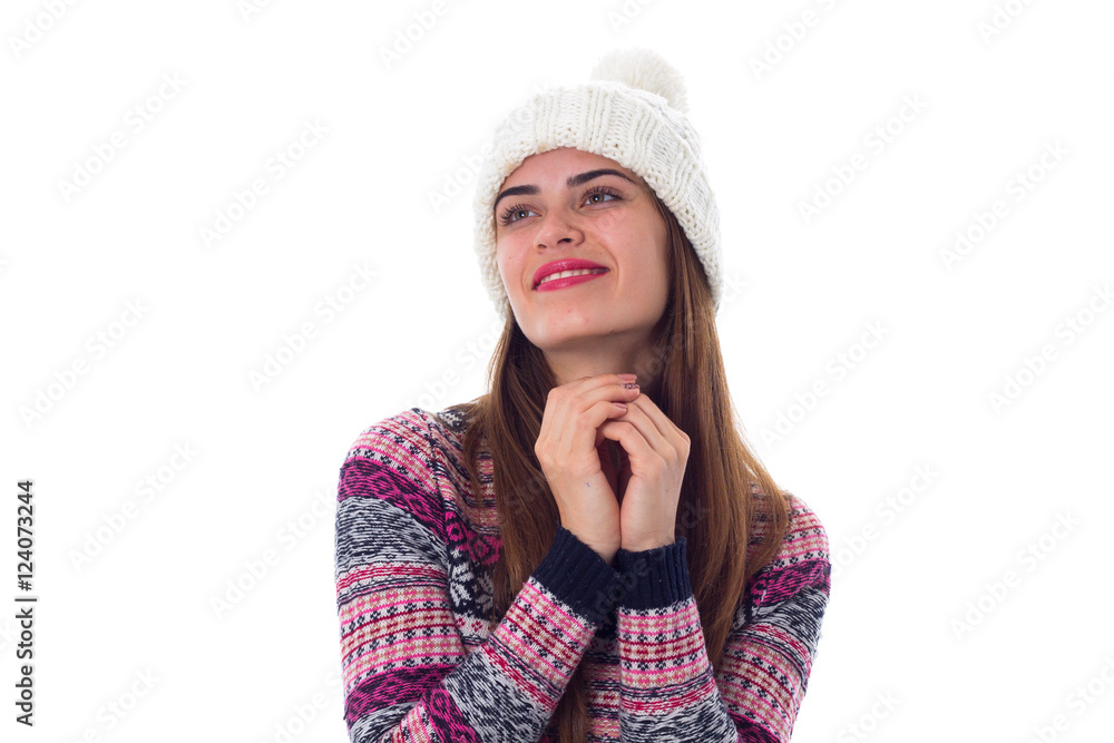 Woman in sweater and white hat Woman in sweater and white hat