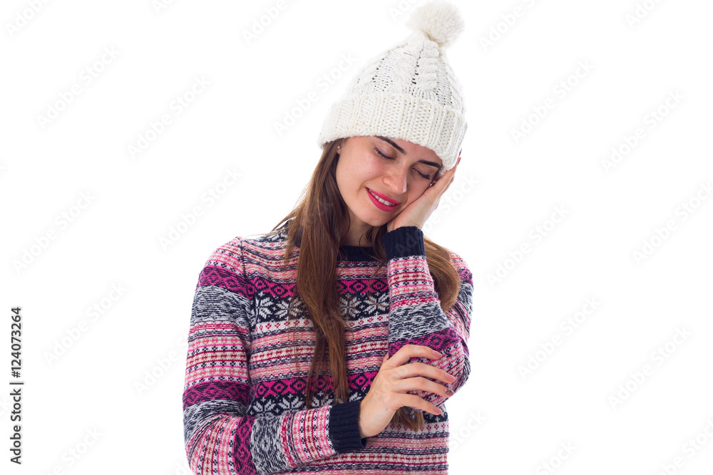 Woman in sweater and white hat Woman in sweater and white hat
