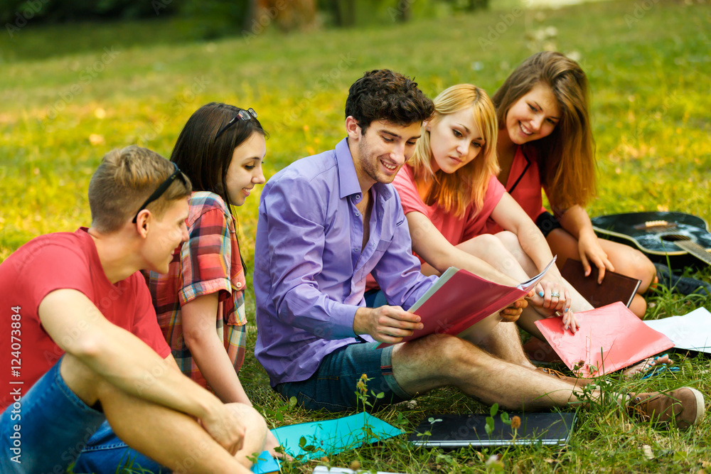 a group of students with laptop relaxing in the Park on a Sunny day a group of students with laptop relaxing in the Park on a Sunny day