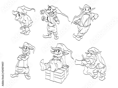 Vector line drawings for christmas elfs for coloring book