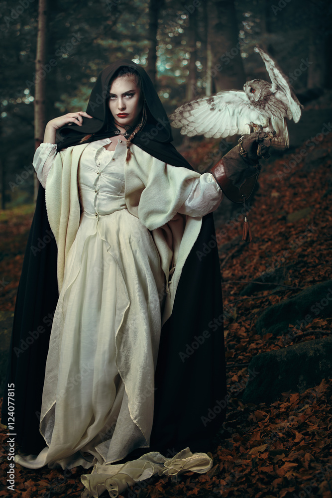 Beautiful lady of the forest with her owl Beautiful lady of the forest with her owl