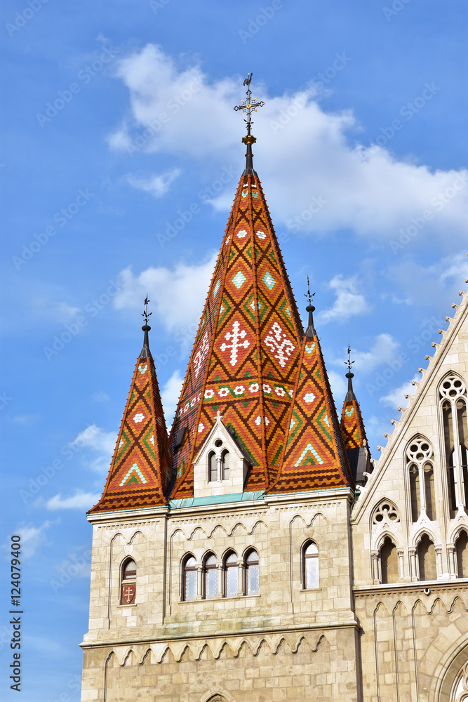 Detail of beautiful hungarian polychrome tiles from Matthias Church, in the historic center of Budapest