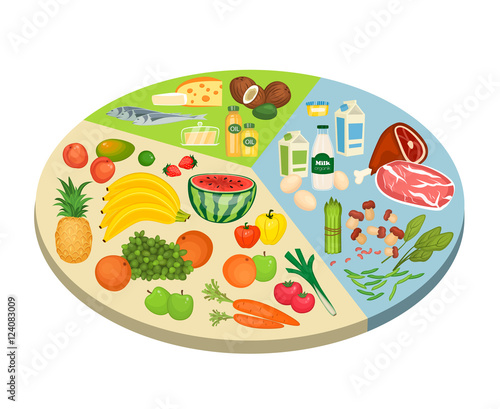 Food circle diagram. Fruits, vegetables, meat, fish, eggs, nuts, dairy products vector illustrations. Components of recommended ration scheme. For human healthy nutrition concepts design
