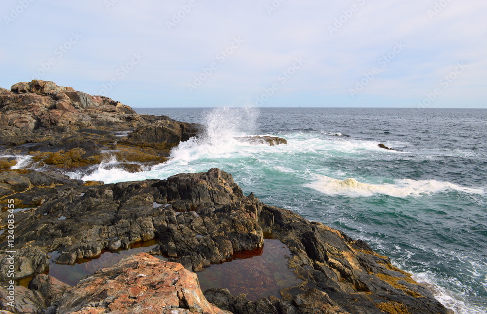 Waves crashing on rocks in the Acadia National Park in Maine, USA