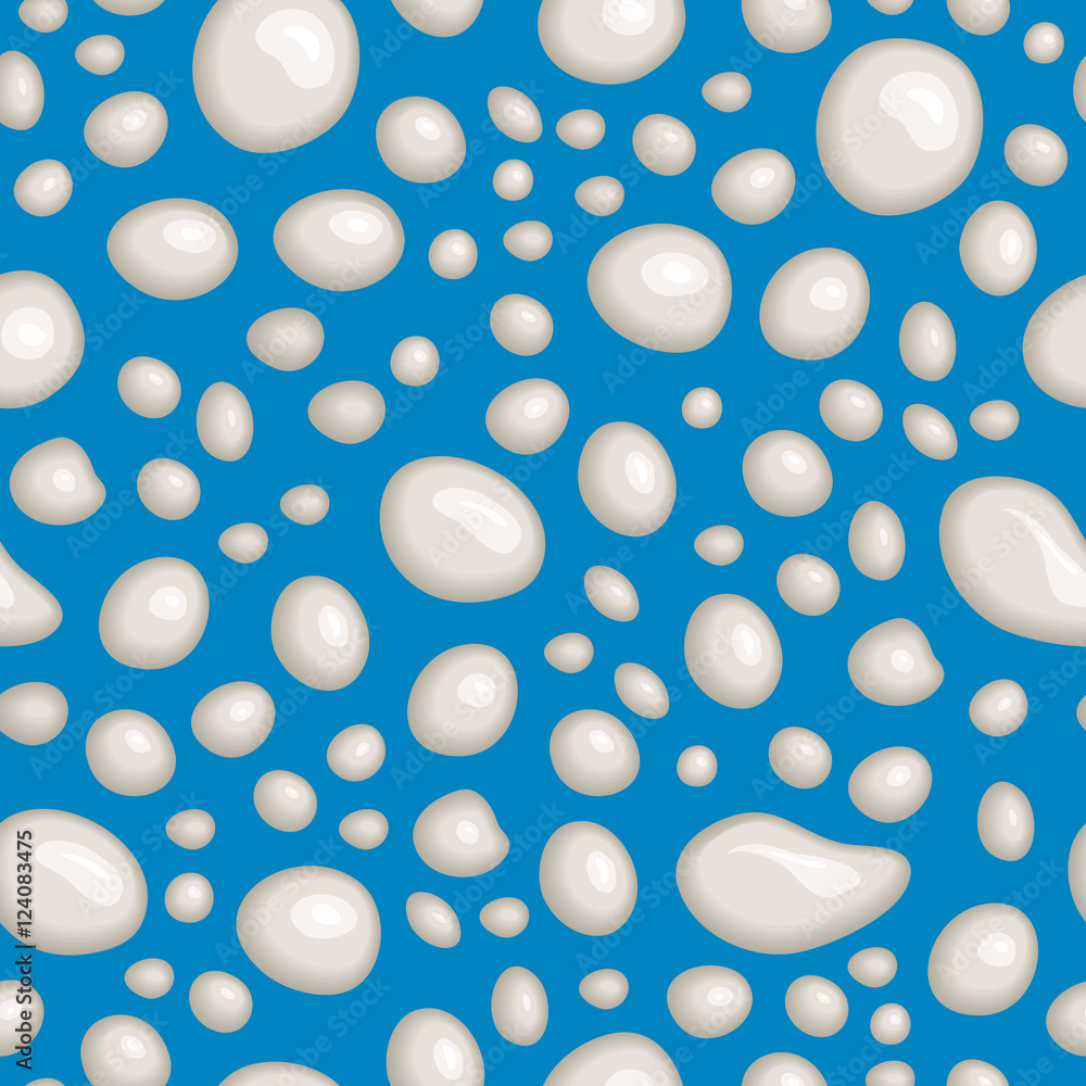 Vector background with milk or cream drops. Droplet of white liquid or paint. Abstract splash on blue background. Seamless pattern with splashing, drips of yogurt or milky drink.