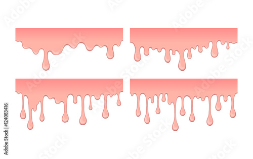 Set of pink bubble gym or melting ice cream. Flow of sweet sticky liquid. Abstract illustration of splash. Burst off bubblegum. Cartoon design