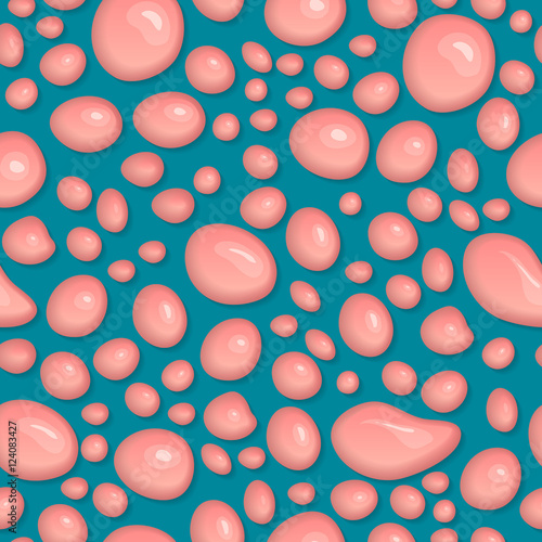 Drops and round splash of bubble gum on blue background. Vector illustration of pink liquid. Seamless pattern with chaotic sticky bubblegum blobs and spot. Cartoon design.