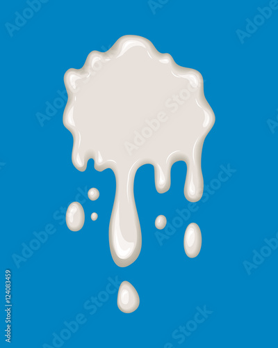 Vector milk splash. Drop of white liquid isolated on blue background. Splashing of milky drink, yogurt or cream. Cartoon design. Graphic element for banner or sticker.