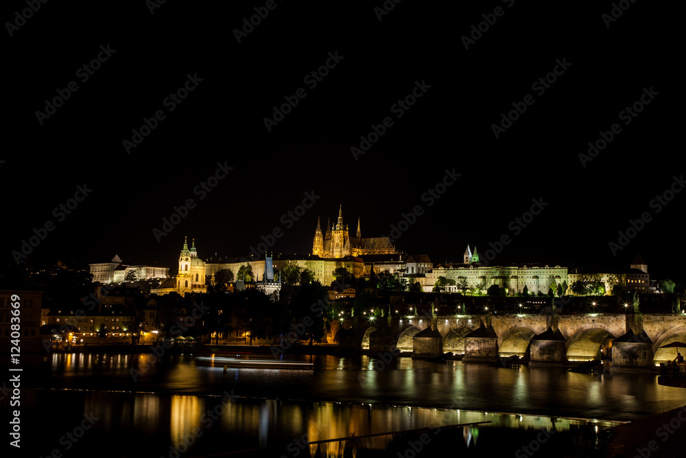 Prague Castle, Charles Bridge, Vltava River Illuminated