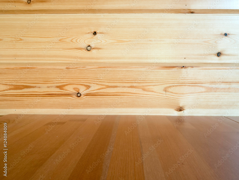 Wood table with wooden wall background Stock Photo | Adobe Stock