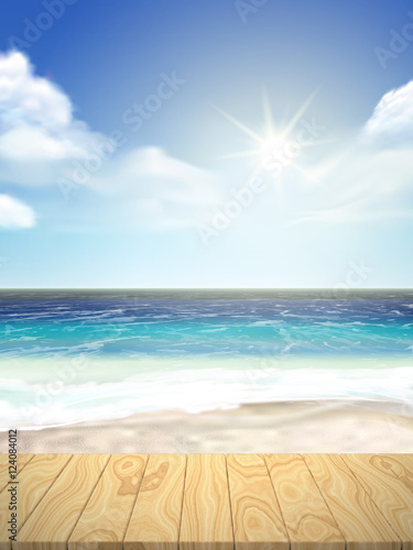 beautiful beach with wood plate