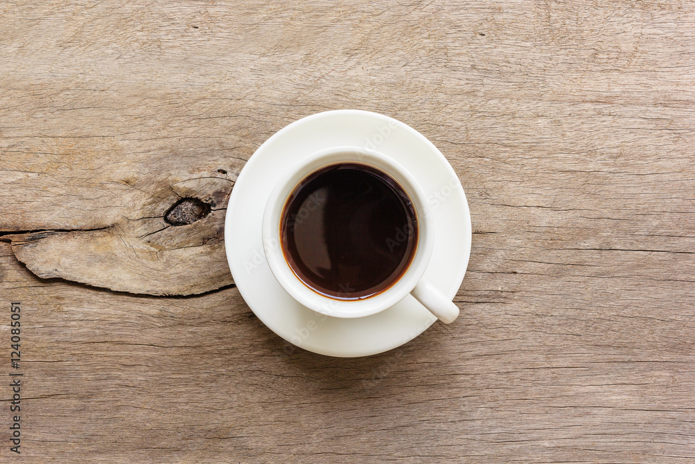 Coffee cup on wooden table, Top view with copy space and text Coffee cup on wooden table, Top view with copy space and text
