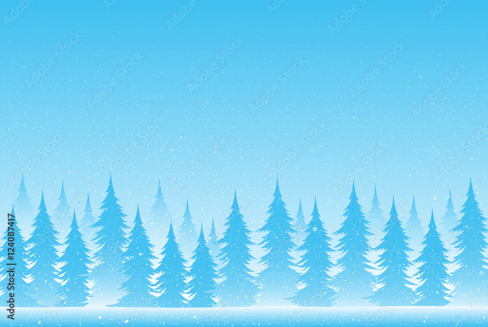 Obraz premium Silhouettes of trees on a snowy blue background.