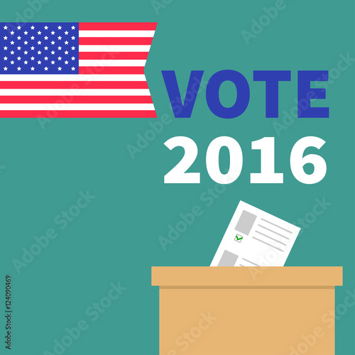Ballot Voting box with paper blank bulletin concept. Polling station. President election day Vote 2016. American flag. Isolated Green background Flat design Card