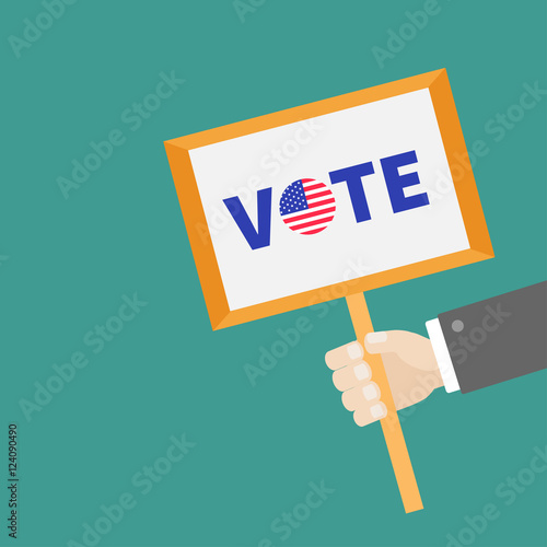 Businessman hand holding plate Vote text with Badge button American flag President election day. concept. Flat design